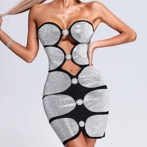 Glamorous Strapless Silver and Black Dress